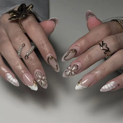 24-Piece Short Almond Pink Smudge Press-On Nails – 3D Flower & Pearl