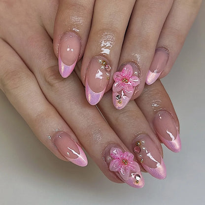 24-Piece Short Almond Pink Smudge Press-On Nails – 3D Flower & Pearl