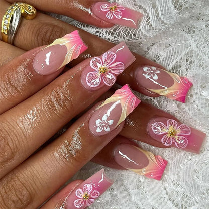 24-Piece Mid-Length Square French Press-On Nails – Leopard Print 3D Flower & Star