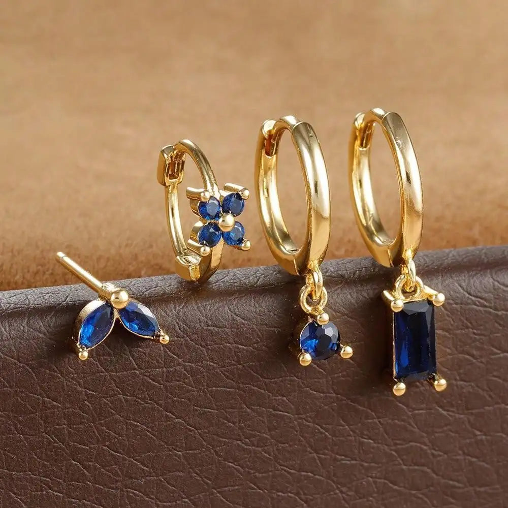 Cubic Zirconia Flower Hoop Earring Studs- 4 Piece