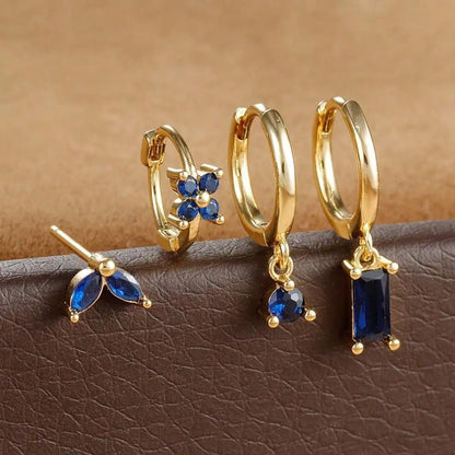 Cubic Zirconia Flower Hoop Earring Studs- 4 Piece