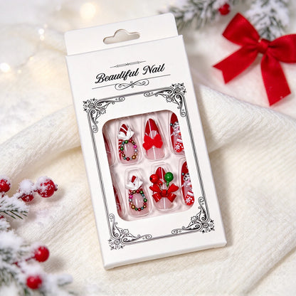 Christmas Theme - Red French Santa Snowman Press-On Nails — 24-Pieces