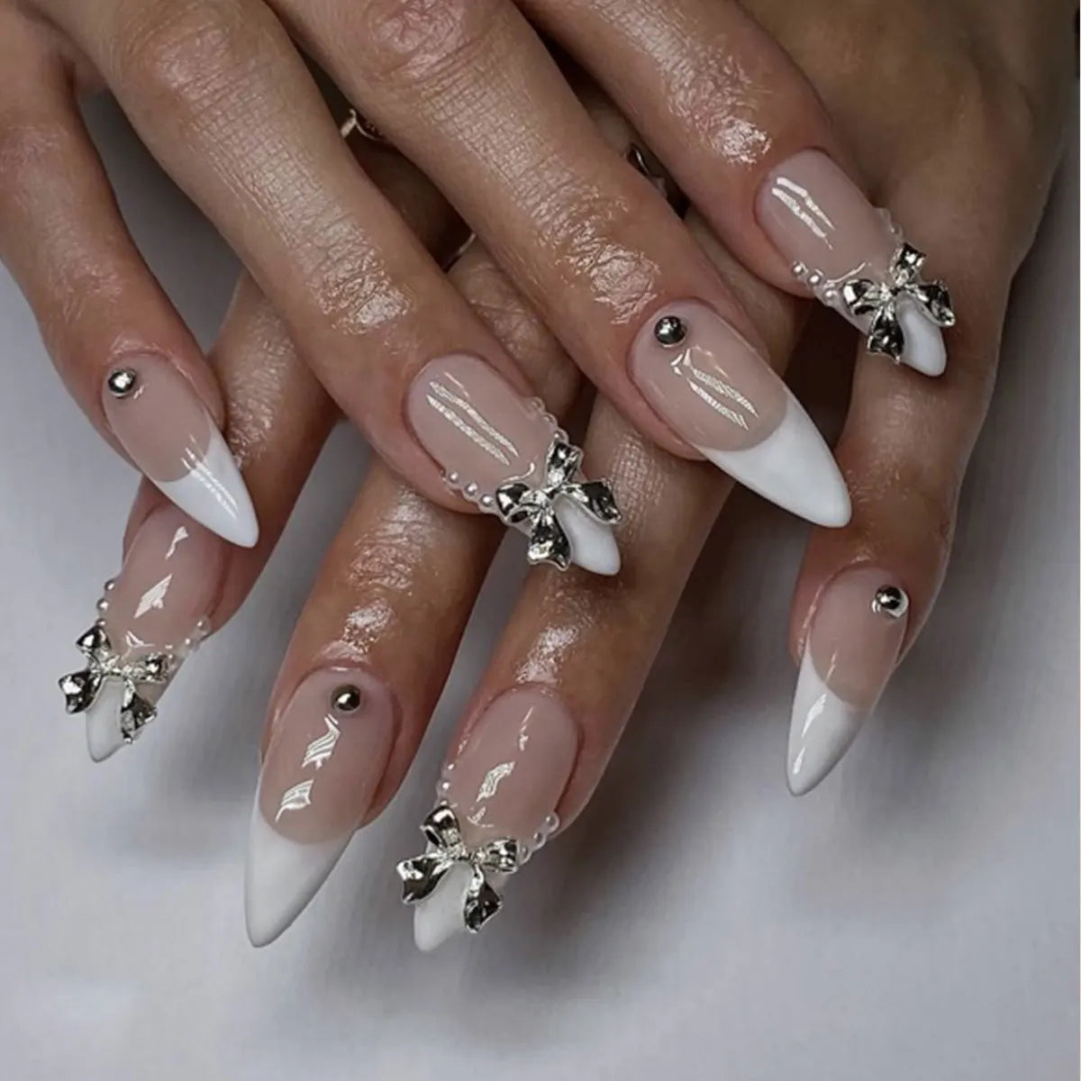 French Almond Press-On Nails-Flower & Star Design-24-Piece