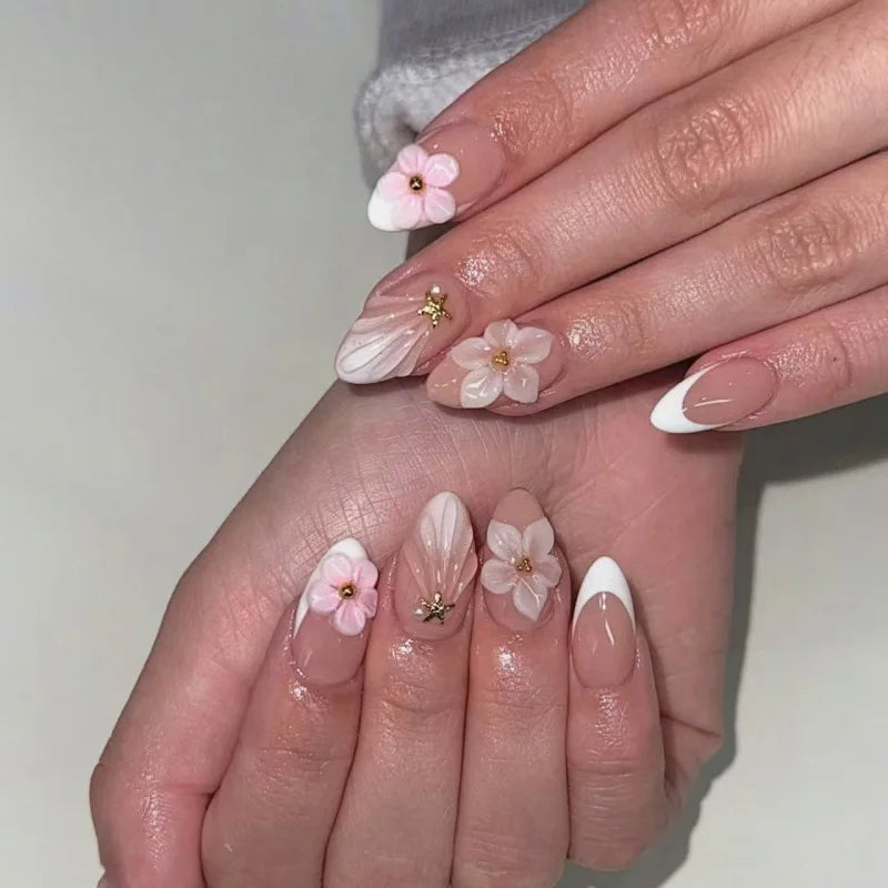 24-Piece Short Almond Pink Smudge Press-On Nails – 3D Flower & Pearl