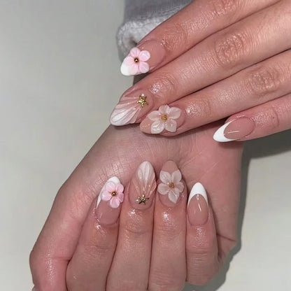 24-Piece Short Almond Pink Smudge Press-On Nails – 3D Flower & Pearl