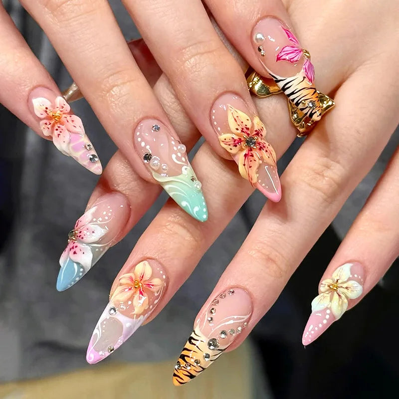 24-Piece Mid-Length Almond French Press-On Nails – Colorful Flower, Crab & Starfish