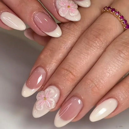 24-Piece Short Almond Pink Smudge Press-On Nails – 3D Flower & Pearl