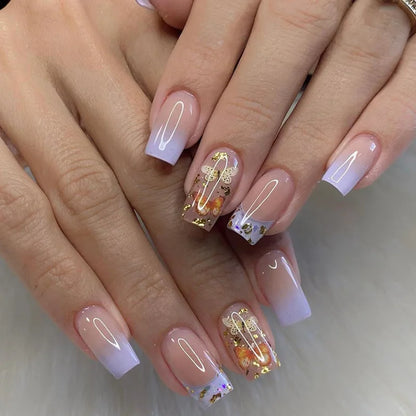 24-Piece Mid-Length Square Peach Blossom Press-On Nails – Shiny Powder & Rhinestone
