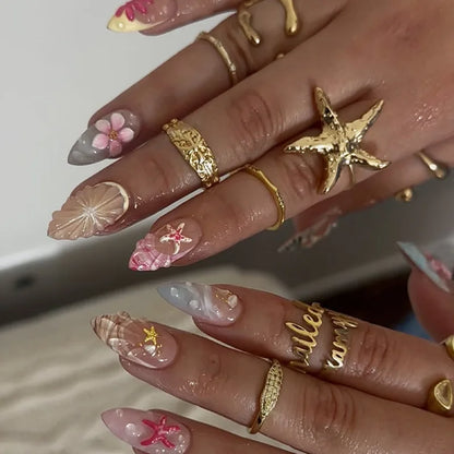 24-Piece Mid-Length Almond Yellow French Press-On Nails – 3D Flower & Pearl