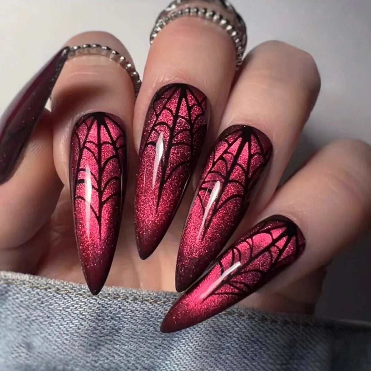Halloween theme - Long Almond Red Cat’s Eye Press-On Nails – Spider Web Design 24-Piece