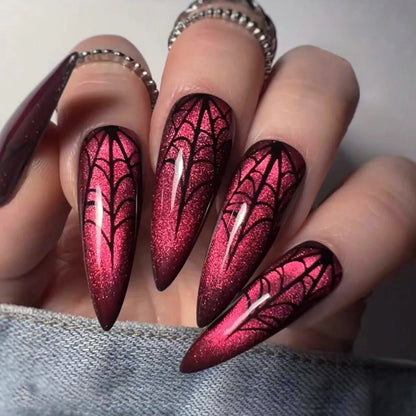 Halloween theme - Long Almond Red Cat’s Eye Press-On Nails – Spider Web Design 24-Piece