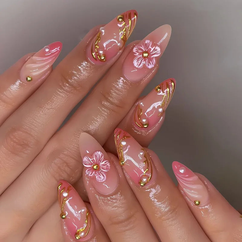 French Almond Press-On Nails-Flower & Star Design-24-Piece