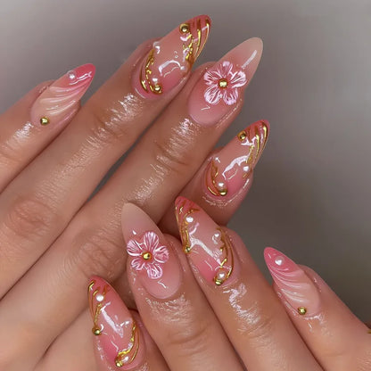 French Almond Press-On Nails-Flower & Star Design-24-Piece