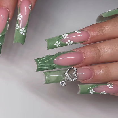 24-Piece Long Square French Press-On Nails – Rhinestone & Pearl Design