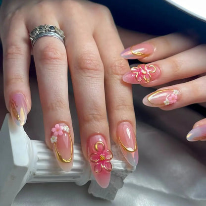 French Almond Press-On Nails-Flower & Star Design-24-Piece