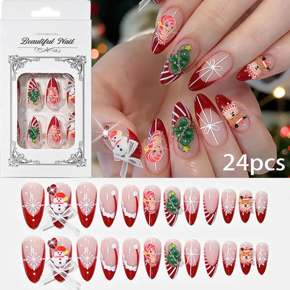 Christmas Theme - Red French Santa Snowman Press-On Nails — 24-Pieces