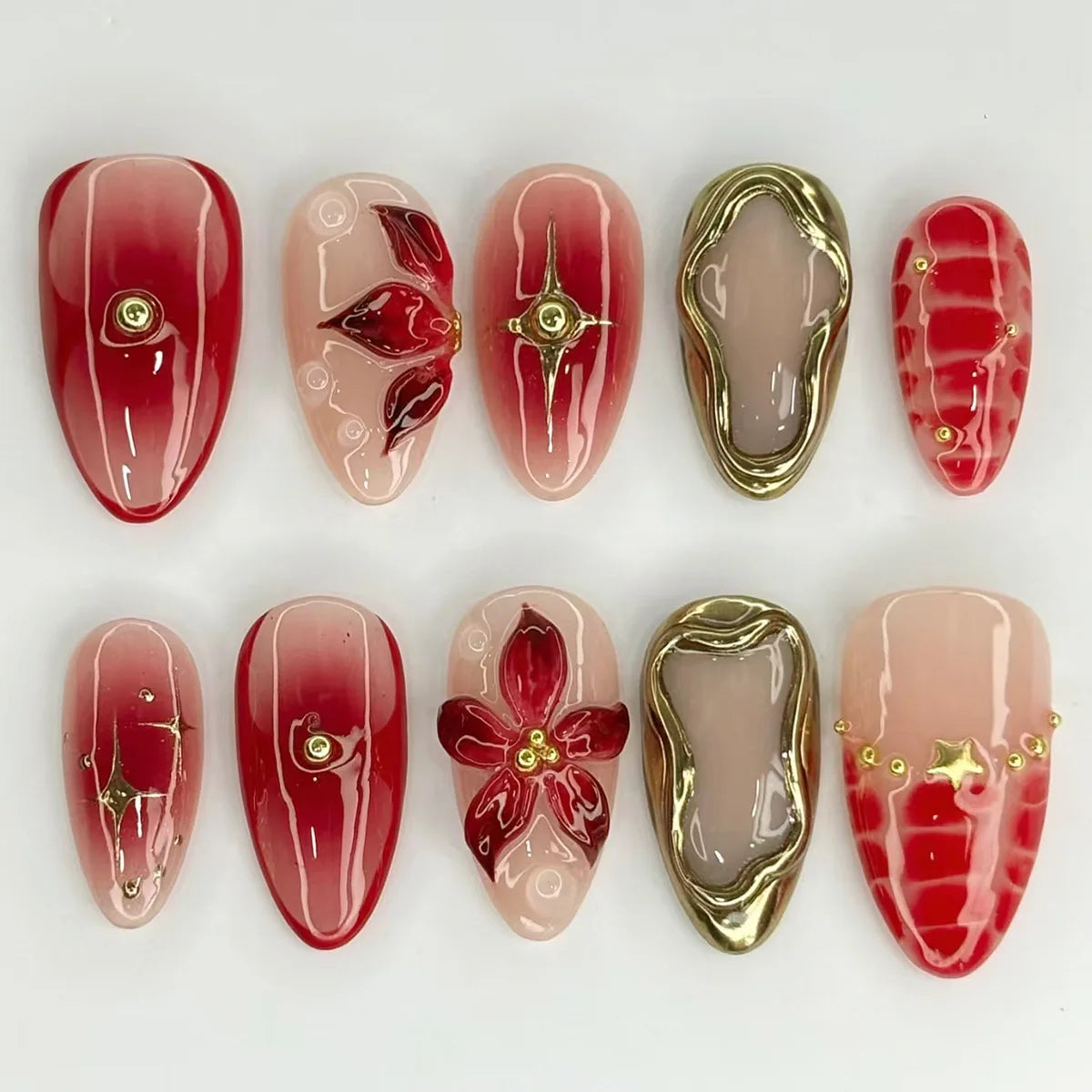 3D Butterfly Flower & Pearl-Almond Press-On Nails – 24-Piece