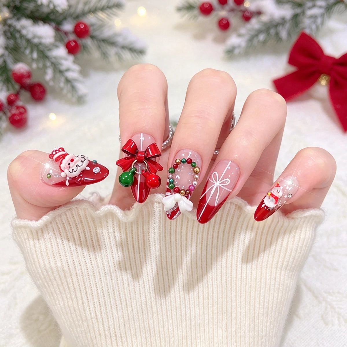 Christmas Theme - Red French Santa Snowman Press-On Nails — 24-Pieces