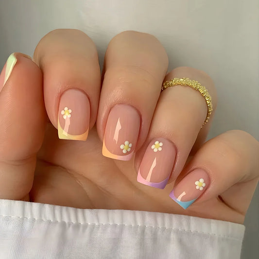 24-Piece Short Nude Square French Press-On Nails – Colorful Flower Design