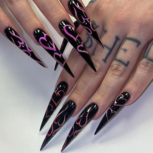 Halloween theme - Long Stiletto Black Love Heart Press-On Nails – 24-Piece