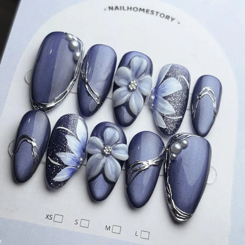 24-Piece Mid-Length Almond Yellow French Press-On Nails – 3D Flower & Pearl