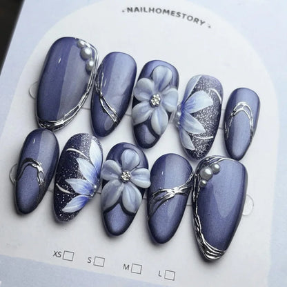 24-Piece Mid-Length Almond Yellow French Press-On Nails – 3D Flower & Pearl