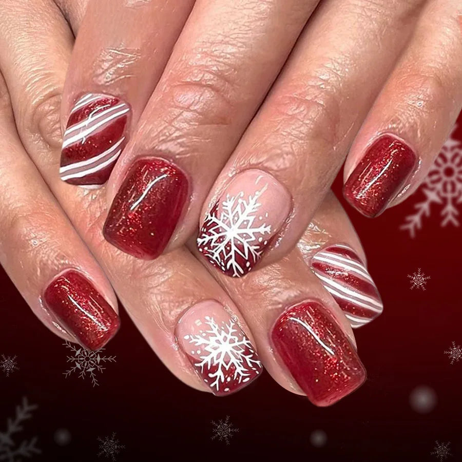 Christmas Theme - Blue Almond Snowflake Press-On Nails — 24-Pieces