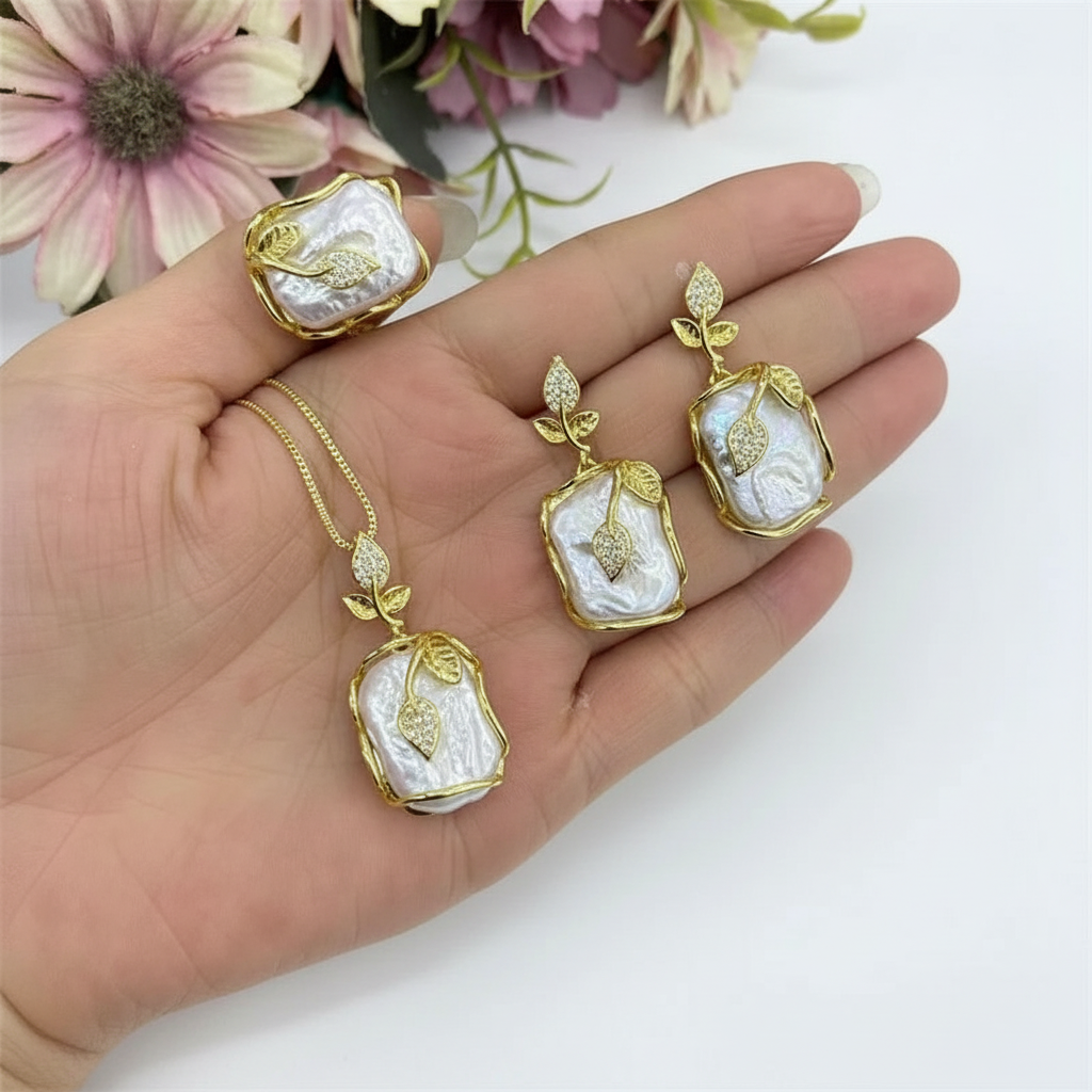 Baroque Natural Freshwater Pearl Rose Leaf Jewelry Set