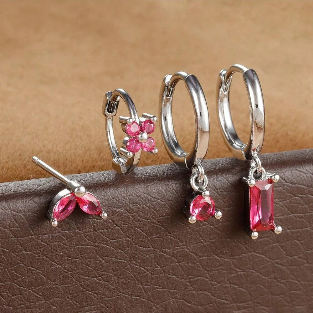 Cubic Zirconia Flower Hoop Earring Studs- 4 Piece