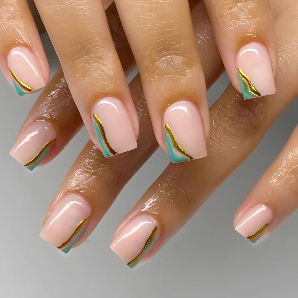 24-Piece Short Nude Square French Press-On Nails – Colorful Flower Design