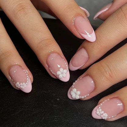 24-Piece Short Almond Pink Smudge Press-On Nails – 3D Flower & Pearl