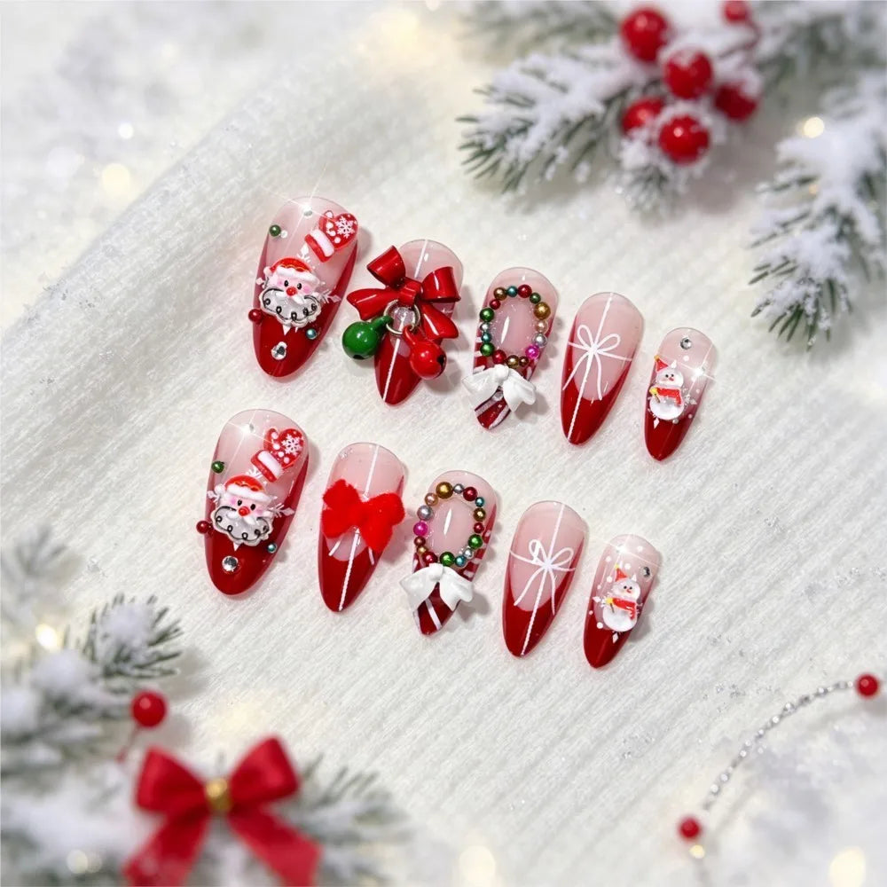 Christmas Theme - Red French Santa Snowman Press-On Nails — 24-Pieces