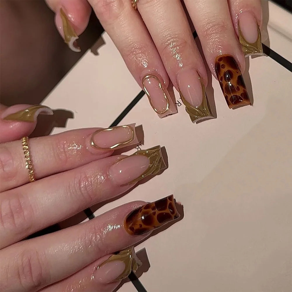 24-Piece Mid-Length Square French Press-On Nails – Leopard Print 3D Flower & Star