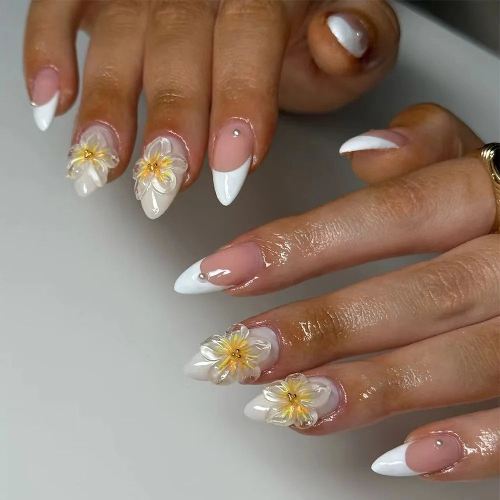 24-Piece Mid-Length Almond Yellow French Press-On Nails – 3D Flower & Pearl