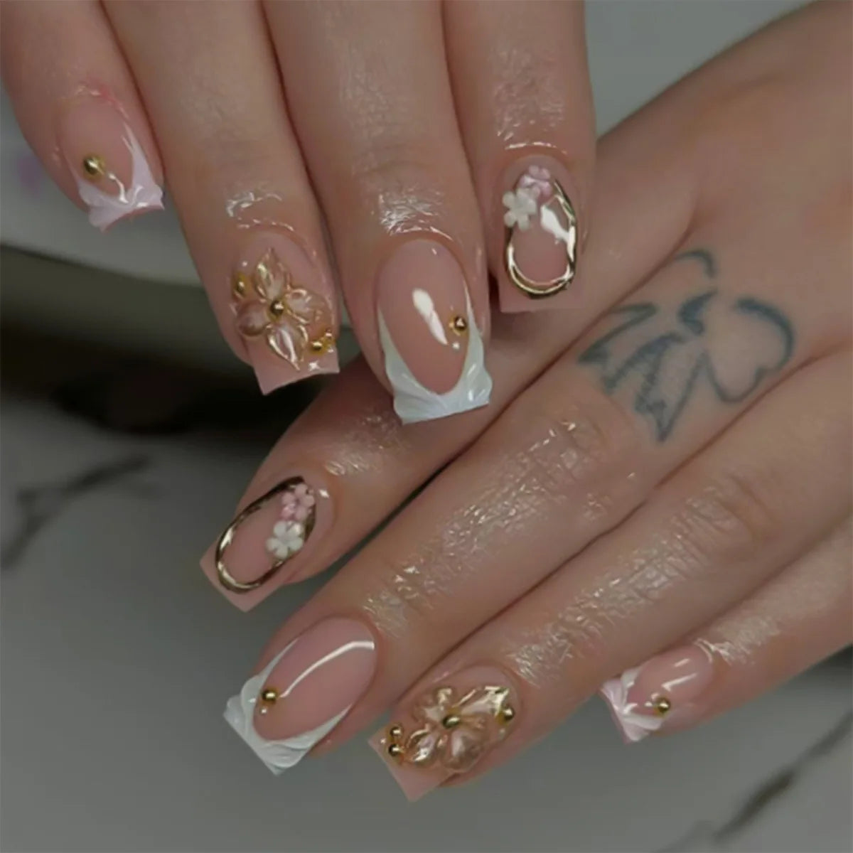 White French 3D Flower Pearl Press-On Square Nails – 24-Piece