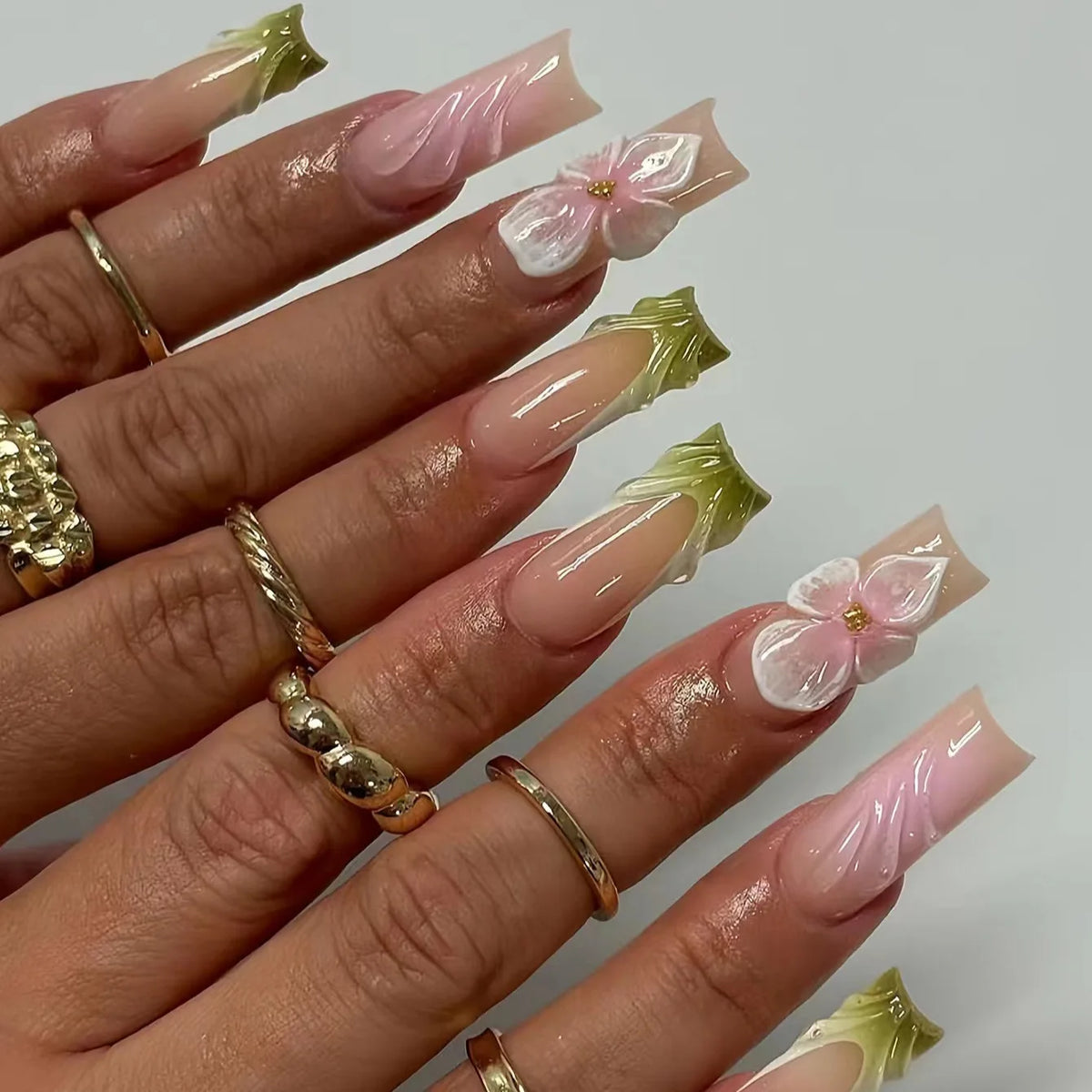 24-Piece Long Square White Edge French Press-On Nails – Full Cover