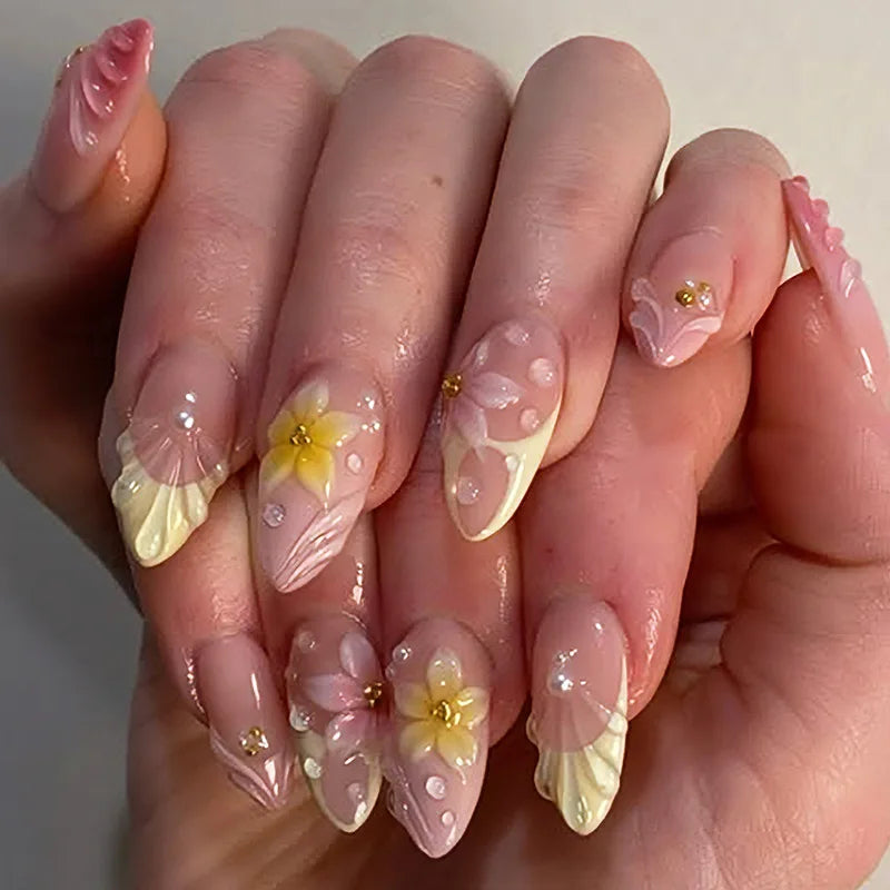 24-Piece Mid-Length Almond Yellow French Press-On Nails – 3D Flower & Pearl