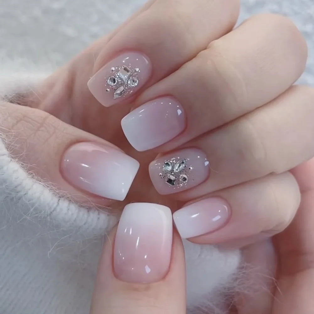 24-Piece Short Nude Square French Press-On Nails – Colorful Flower Design