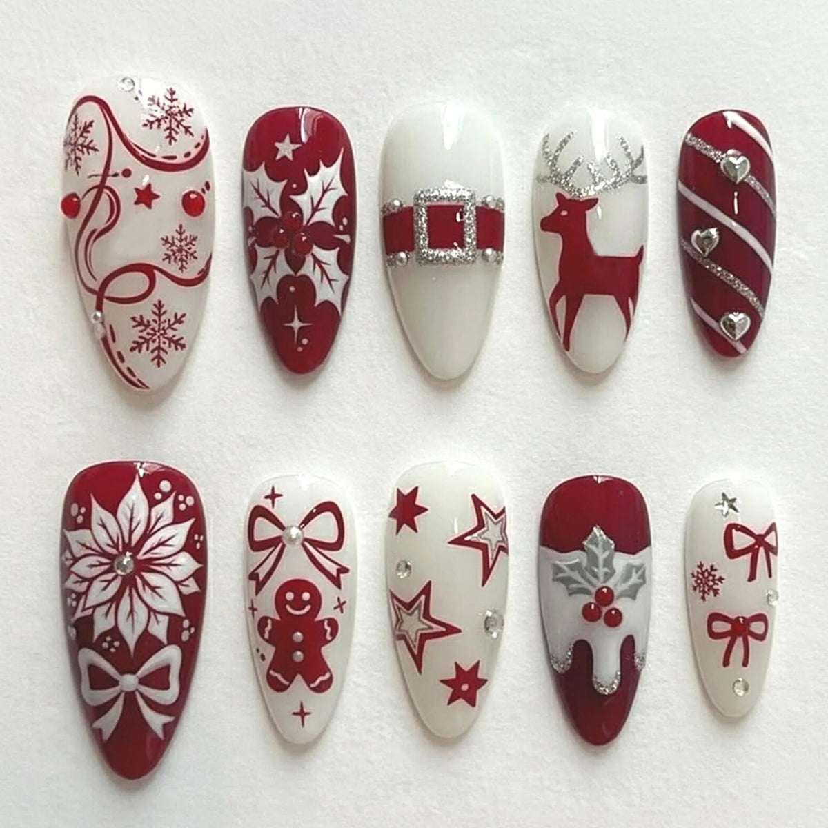 Christmas Theme - White Red Reindeer Bow Press-On Nails — 24-Pieces
