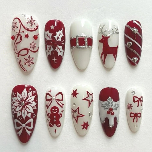 Christmas Theme - White Red Reindeer Bow Press-On Nails — 24-Pieces