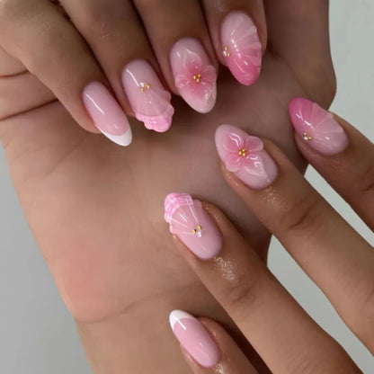 24-Piece Short Almond Pink Smudge Press-On Nails – 3D Flower & Pearl