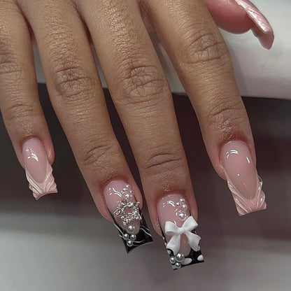24-Piece Mid-Length Square French Press-On Nails – Leopard Print 3D Flower & Star