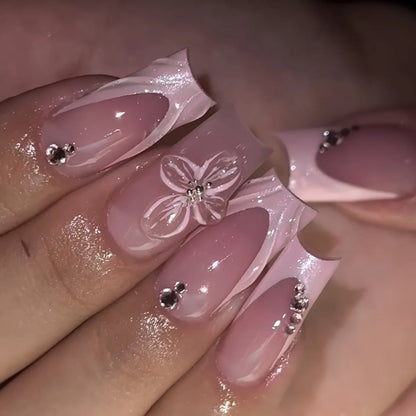 24-Piece Mid-Length Square French Press-On Nails – Leopard Print 3D Flower & Star