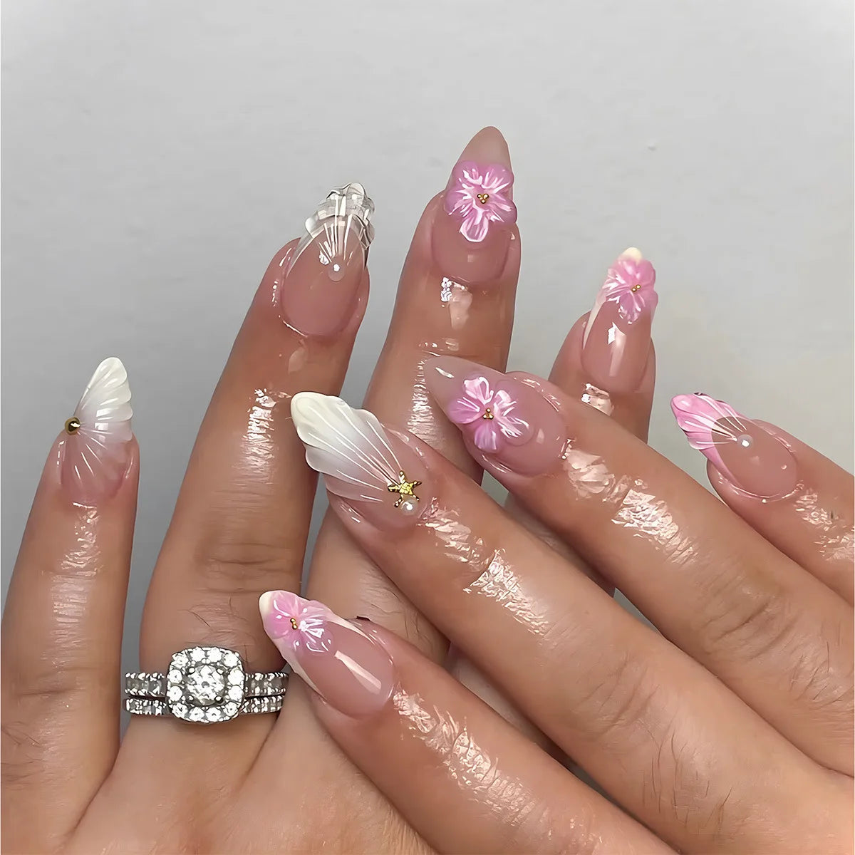 French Almond Press-On Nails-Flower & Star Design-24-Piece
