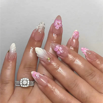French Almond Press-On Nails-Flower & Star Design-24-Piece