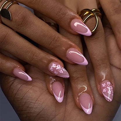 24-Piece Short Almond Pink Smudge Press-On Nails – 3D Flower & Pearl