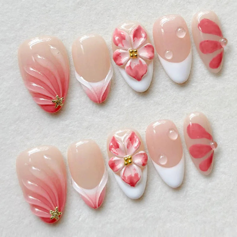 24-Piece Mid-Length Almond Yellow French Press-On Nails – 3D Flower & Pearl
