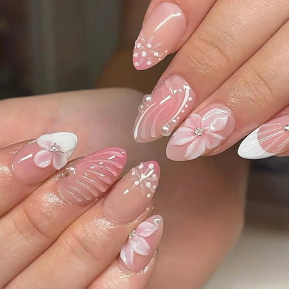 24-Piece Short Almond Pink Smudge Press-On Nails – 3D Flower & Pearl