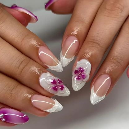 French Almond Press-On Nails-Flower & Star Design-24-Piece