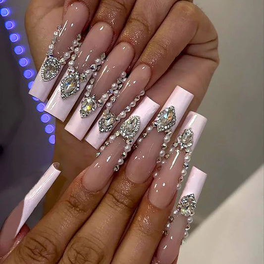 24-Piece Long Square French Press-On Nails – Rhinestone & Pearl Design